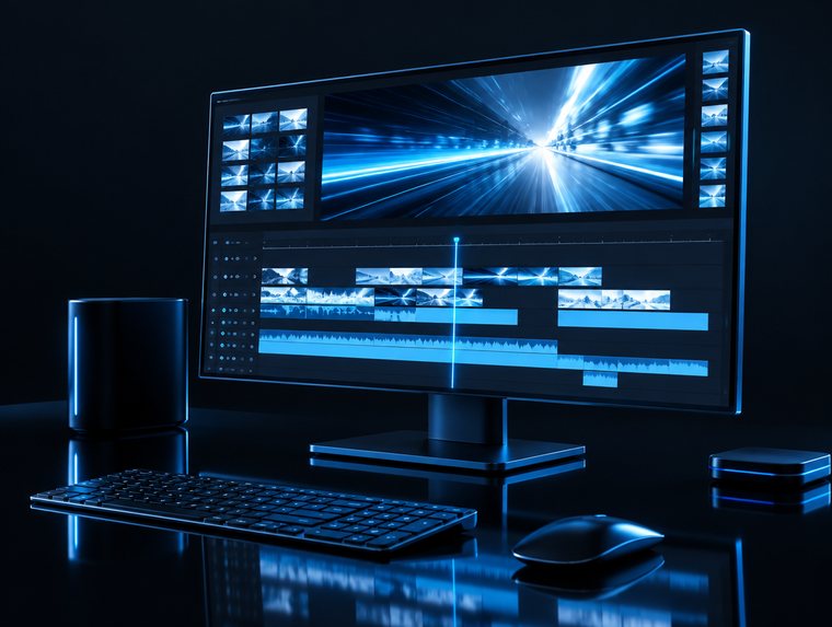 Postazione di montaggio video con timeline su monitor